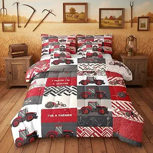 Erosebridal 7 Pcs Kids Tractor Bedding Sets Red Cartoon Tractor Quilt with Flat Fitted Sheet Full Farm Vehicle Truck Bed in A Bag Equipment Construction Comforter Set Geometric Plaid Decor