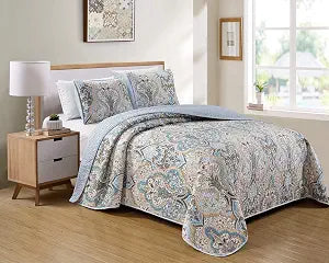 Luxury Home Collection 2 Piece Twin/Twin XL Quilted Reversible Coverlet Bedspread Set Floral Printed Blue Taupe