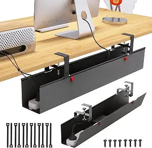 Under Desk Cable Management Tray - Under Desk Cord Management - Clamp/Screw Mount - Fabric Wire Management - Cable Raceways Tray Cord Hiders for Office/Home (Black, 35.8"5.6")