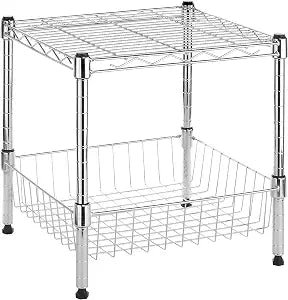 Whitmor 2-Wire Shelving Unit, Metal Storage Shelves, Stacking Shelf with Basket, Easy Assembly Home Organizer for Pantry, Kitchen, Garage, Plant