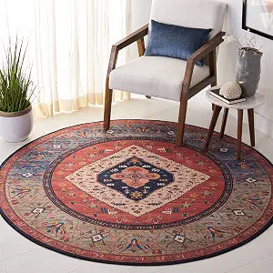 SAFAVIEH Washable Rug Tucson Collection - 4' Round, Rust & Blue, Slip Resistant & Easy to Clean, Ideal for Foyer, Kitchen, Nursery, Office, Bedroom (TSN153P)