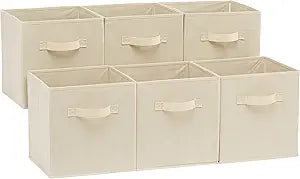 Amazon Basics Collapsible Fabric Storage Cubes Organizer with Handles, Sturdy Storage Bins for Organization, 10.5" x 10.5" x 11", Beige, 6-Pack