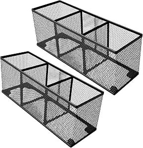 2-Pack Metal Mesh Pencil Holder, Spacious 3-Compartment Desk Organizer for Pens, Makeup Brushes, Utensils, Desktop Storage for Home, Office, School, Kitchen, 10.43x3.35x4.04 Inch, Black