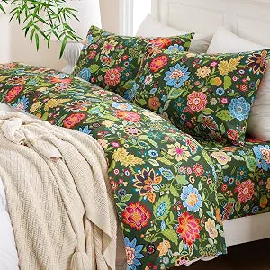 MEISHANG Soft Cooling Full Sheet Set - Blend Rayon Derived from Bamboo,1800 Thread Count Floral Bed Sheets Oeko-Tex Certificated 4 Piece - Dark Green