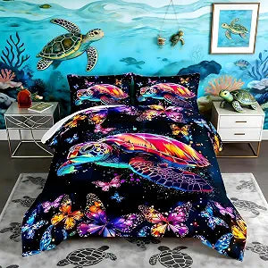 Colorful Sea Turtle Comforter Set Queen Size with 2 Pillowcases.