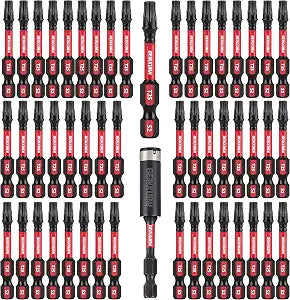 GEINXURN 50 Pieces T25 2 In. Impact Tough Magnetic #25 Torx Head Power Bits, S2 Alloy Steel T25 Screwdriver Bits Set with 1Pcs Impact Bit Holder