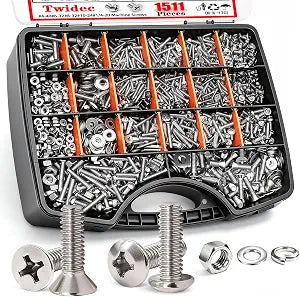 Twidec/1511PCS Nuts and Bolts Assortment Kit,Machine Screws,304 Stainless Steel Phillips Pan Head and Flat Head Screws #4-40#6-32#8-32#10-24#1/4-20 with Nuts, Bolts,Washers in the Storage Case