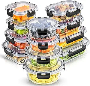 JoyJolt 24pc Borosilicate Glass Storage Containers with Lids | 12 Airtight/Freezer Safe Food Storage Containers for Pantry and Kitchen | Meal Prep Container for Lunch | Glass Tupperware Set