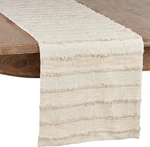 SARO LIFESTYLE Michonne Collection Fringe Stripe Table Runner, 16" x 72", Ivory
