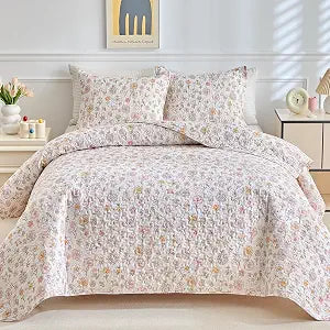 DuShow King Quilt Bedding Set,3-Piece Floral Reversible Quilt Set,Lightweight Soft Bedspread Coverlet,Quilted Blanket Thin Comforter Bed Cover for All Seasons