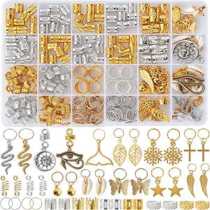 Vaikby 201PCS Hair Jewelry Beads for Braids, Gold and Silver Hair Dreadlock Accessories, Metal Hair Rings, Hair Charms Pendants, Braid Cuffs Clips Accessories， Loc Jewelry for Women Braids Decoration