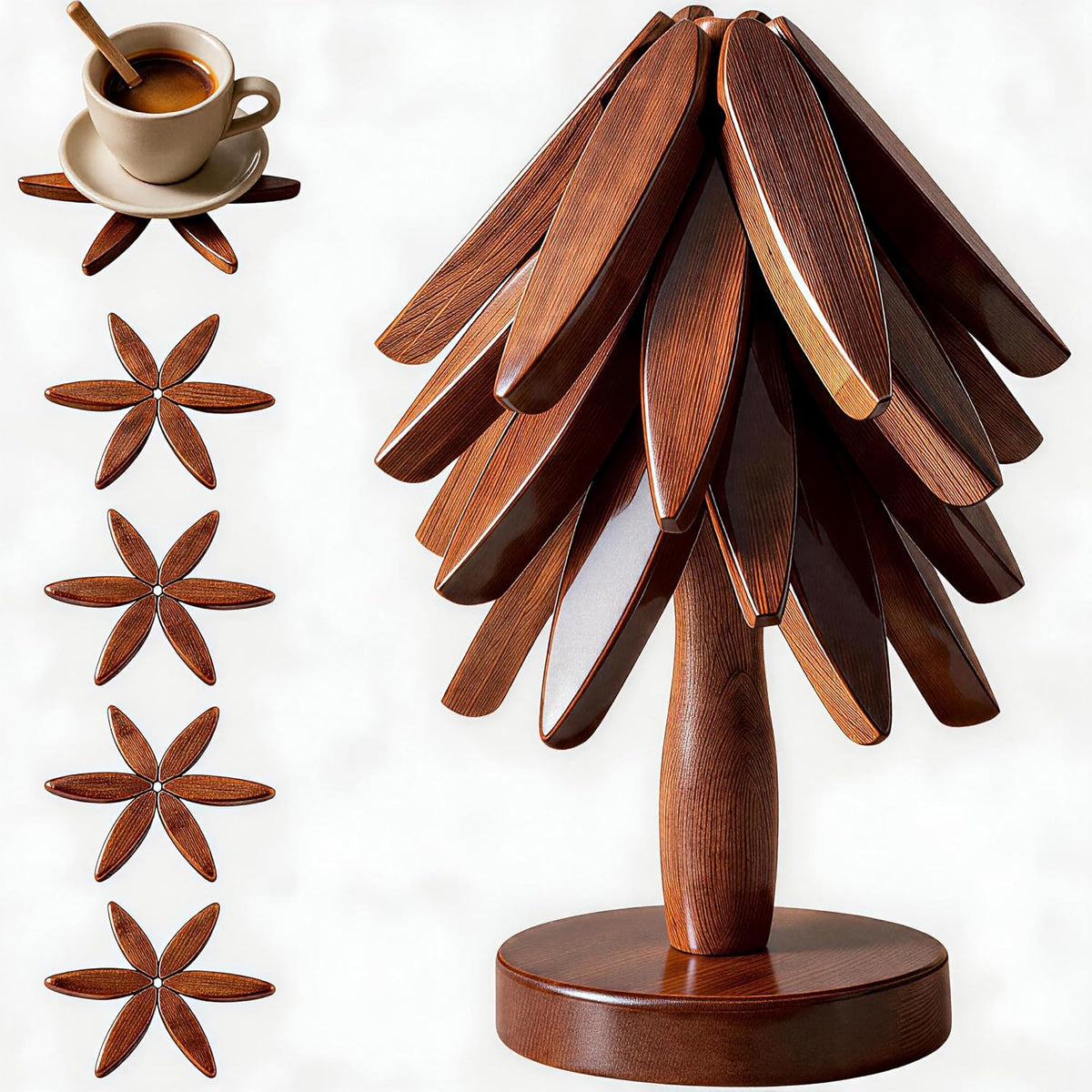 Wooden Trivets Tree Shape Set for Hot Dishes Coaster, 4 Walnut Wood + 1 Stand stored Like a Christmas Tree,Foldable Kitchen Wooden Trivet,for Potã€Bowlã€Teapotã€Hot Pot Holder, for Home Decorations