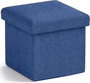 Ornavo Home Small Square Storage Ottoman, Foldable Linen, 12 Inch,Navy Blue