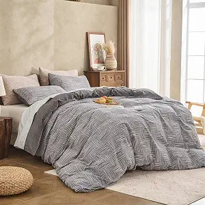 Simple&Opulence 100% Cotton Duvet Cover Queen Size, 3 Pcs Checkered Stripes Duvet Cover Set with 7 Inner Ties and Zipper Closure, Breathable Bedding Set for All Seasons (Gray, 88" x 92")