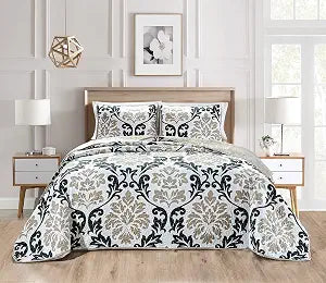 Masterplay 3-Piece Fine Printed Oversize (118" X 95") Quilt Set, Bedspread Coverlet King Size Bed Cover (Black, Grey on Light Grey, Scroll)