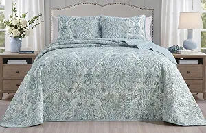 Grand Linen 2-Piece Oversized Lightweight Quilt Set in Twin 66��� x 95��� ��� Soft Microfiber Bedspread with Sham ��� Pale Blue, Muted Aqua, Grey & Dark Tan Colors - Paisley Design - Reversible Coverlet