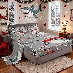 Cartoon Shark Sheet Set Full Size Christmas Sweet Candy Bedding Set 4Pcs Undersea Marine Fish Bed Sheet for Kids Girls Boys Teens Cute Star Snowflake Fitted + Flat Sheet,2 Pillowcases