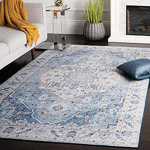 SAFAVIEH Washable Rug Tucson Collection - 4' Square, Light Blue & Blue, Slip Resistant & Easy to Clean, Ideal for Foyer, Kitchen, Nursery, Office, Bedroom (TSN118L)