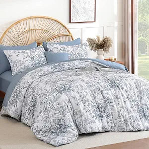Queen Comforter Set 8 Pieces, Blue and White Floral Comforter, Bed in a Bag
