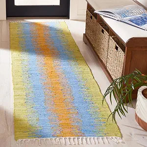 SAFAVIEH Montauk Collection Runner Rug - 2'3" x 7', Green & Gold, Handmade Stripe Fringe Cotton, Ideal for High Traffic Areas in Living Room, Bedroom (MTK710B)