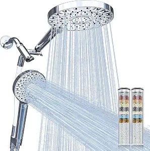 Magichome Filtered Shower Head Handheld Mother-Child Large Arm Combo, High Pressure 10-Spd Detachable Chrome Showerhead w/Stainless Hose, Water Softener Beads Hard Water - Remove Chlorine, Sliver