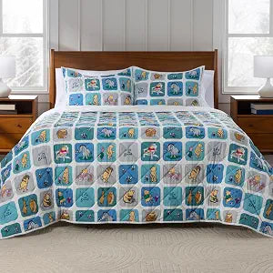 Berkshire Winnie and Friends Microfiber Quilt Set, Ultra Soft Lightweight Coverlet Bedspread with 1 Sham, All-Season Cozy Bedding for Bedroom(Twin/TwinXL, Friends Boxes Blue)