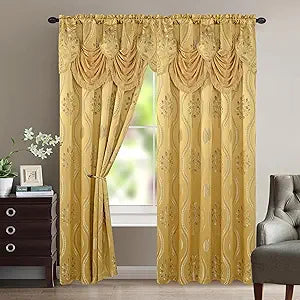 Elegant Comfort Luxurious Aurora Jacquard Look Curtain Panel Set with Attached Valance 54" X 63 inch (Set of 2), Gold