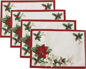 Red and White Poinsettias Placemat, Set of 4, Multicolor - 13" W x 19" L