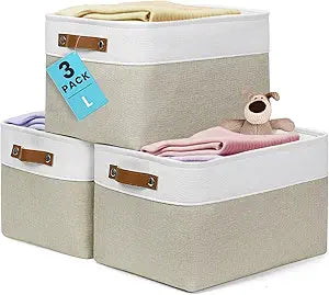 OrganiHaus 15x11in Canvas Storage Baskets 3 Pack - Fabric Bins for Shelves