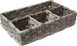 Whitmor 4-Compartment Woven Storage Basket with Dividers, Divided Makeup Organizer and Drawer Split Rattique Bin for Bathroom Countertop, Vanity, Office Desk, 11.8x7.9x2.8 Inches, Gray