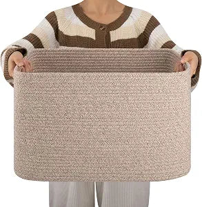 OIAHOMY Cotton Rope Basket Rectangle Blanket Basket living Room Brown