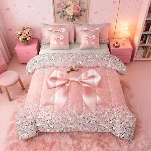 Cute Ribbon Bowknot Comforter Set 7 Piece Bed in a Bag Twin,Grey Glitter Diamond Bedding Sets,Princess Bow Comforter and Sheet Set,Kawaii Geometric Bow-Tie Watercolor Bow Knot Bed Light Pink Room