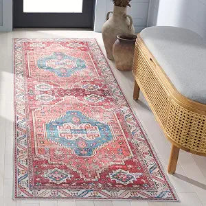 SAFAVIEH Washable Rug Arizona Collection - 2'6" x 8' Runner, Red & Blue, Slip Resistant & Easy to Clean, Ideal for Living Room, Entryway, Foyer, Kitchen, Bedroom (ARZ251Q)