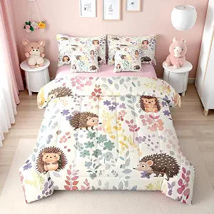 Erosebridal 7Pcs Hedgehog Full Bedding Set with Sheets,Cute Animal Print Flower Comforter Set for Kids Girls Boys,Colorful Floral Bed in a Bag with Fitted Sheet,Flat Sheet,Pillowcases