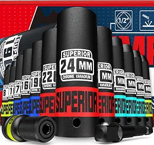 14 Piece 1/2" Drive Impact Socket Set, 8 mm - 24 mm Deep Socket, Metric Socket Set With Adapter & Quick-Release Holder, 6 Point, CR-V, Automotive Maintenance, Machinery Manufacturing