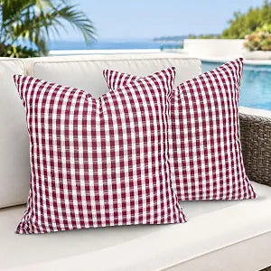 Waterproof Outdoor Pillow Covers 18x18 Set of 2, Red Gingham Plaid