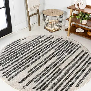 JONATHAN Y Khalil Modern Berber Stripe Cream/Black 4' Round Indoor Area Rug, Contemporary, Bohemian, Easy-Cleaning for Living Room, Bedroom, Kitchen, Pet Friendly, Non-Shedding (MOH207A-4R)