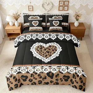 Feelyou Damask Brown Leopard Print Comforter with Sheet Set Full Size 7 Pieces Cute Cheetah Heart Pattern Bedding Set for Kids Boys Girls White Lace Bed in a Bag Love Leopard Print Bedroom Decor