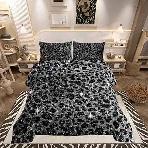 Feelyou Black Leopard Kids Comforter Set Full Size Cheetah Bedding Set Animal Print Duvet Quilt for Kids Boys Girls Bedroom Leopard Fur Print Decor Safari Microfiber Ultra Soft Breathable