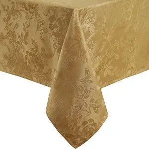 Poinsettia Elegance Jacquard Holiday Tablecloth, Gold - 52" W x 70" L