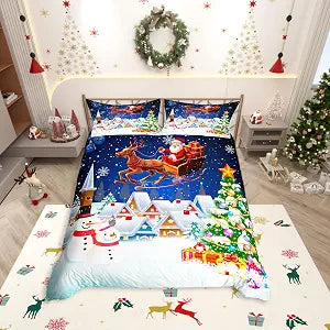 Manfei Christmas Duvet Cover Set Full Size, Snowman Xmas Tree Santa Claus Bedding Set 3pcs, Reversible Winter Snow Cabin Holiday New Year Quilt Cover with Zipper Closure, 2 Pillowcases, No Comforter