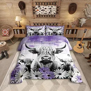 Erosebridal Highland Cow Print Comforter Set Full,Purple Western Farmhouse Bedding Sets Rustic Home Decor,Longhorn Cattle Farm Animals Bed Set Grunge Daisy Floral Quilt Cowboys Gifts for Girls Boys