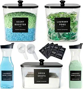 3+2 Pack Laundry Pods Containers & Dryer Sheet Holder & Laundry Detergent Dispenser, Laundry Room Organization and Storage Jars with Lids, Labels and Scoops for Scent Booster, Powder, Pods