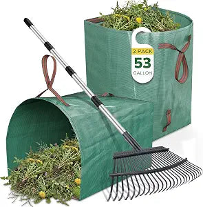 GreatBuddy Leaf Rake and Leaf Bags Combo, Adjustable Metal Garden Rake 29''-72'' 25 Tines, 2 Pack 53 Gallon Reusable Yard Waste Bags, Heavy Duty Lawn Rake with Dustpan Leaf Collector for Yard Cleanup