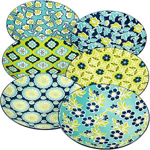 Tapestry 8.5" Porcelain Salad/Dessert Plates, Set of 6  Vibrant Assorted Floral Patterns in Aqua, Navy & Lime  Everyday Dining or Entertaining Plate Set for Salads, Sides, Snacks & More