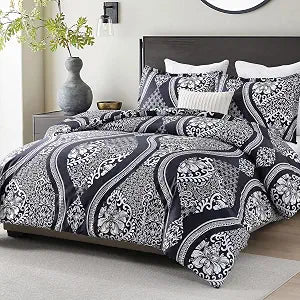 Finlonte Damask Comforter Set Queen Size, Navy Floral, Cotton 3 Piece