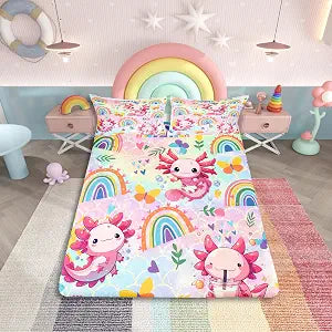 Feelyou Cute Axolotl Bedding Set Cartoon Salamander Fitted Sheet for Kids Boys Girls Rainbow and Butterflies Bed Sheets Ombre Sheets Set Bedroom Collection 2Pcs Twin Size