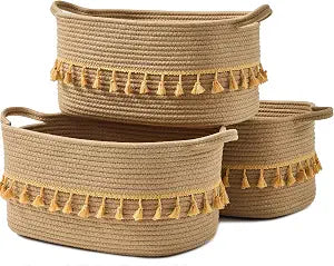 Storage Baskets for Shelves, 3 Pack Woven Cotton Rope Baskets
