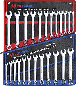 Hitork 24-Piece Combination Wrench Set, SAE (1/4"1") & Metric (824mm), Cr-V Steel, Mirror Chrome Finish, 12-Point Box End, 15 Offset, with Roll Pouch  Ideal for Home, Garage & Auto Repair