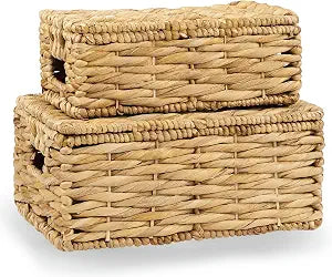 84ECO Set of 2 Wicker Baskets with Lid - Decorative Storage Boxes for Home Decor, Shelves - Woven Basket with Lid - Wicker Decor - Rattan Box - Decorative Bins with Lids (Natural)